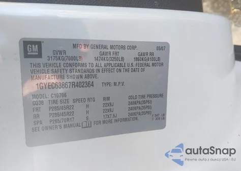 2007 Cadillac Escalade Standard from USA, damaged, VIN 1GYEC63867R402364